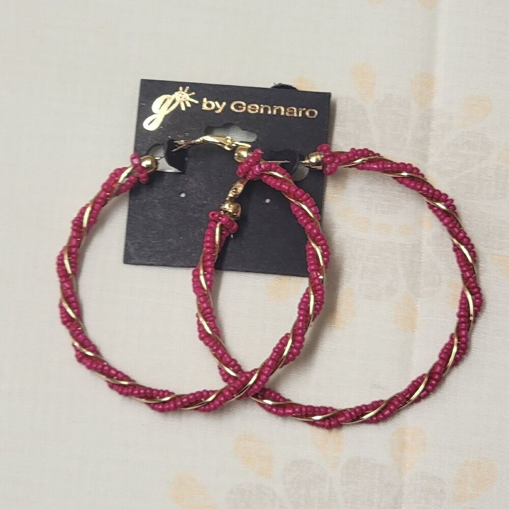 G By Gennaro Large Loop Earrings Beaded Gold Tone Trim Pink